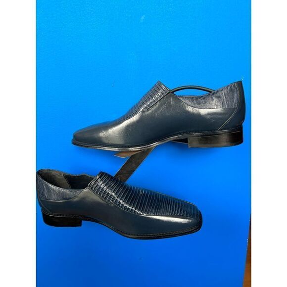 Stacy Adams Navy Blue Lizard Skin Print Leather Cap Toe Loafers Shoes Men's 12 - Picture 2 of 5